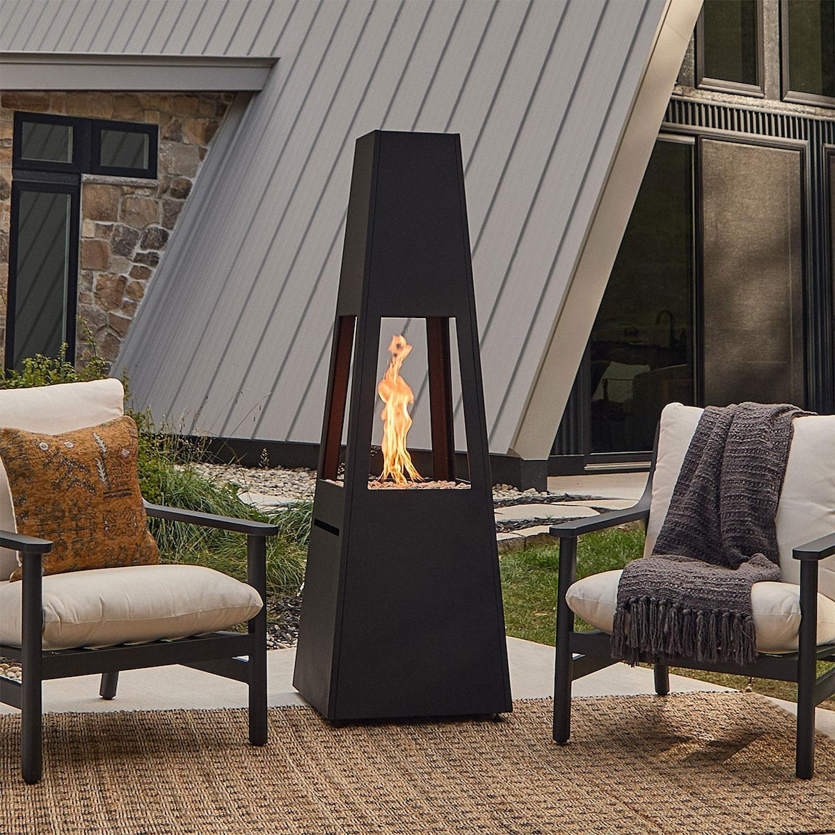 Metal Chiminea 70 Inch Square Propane Fire Pit W/ Hidden Propane Tank in Black by Lakeview Outdoor Designs